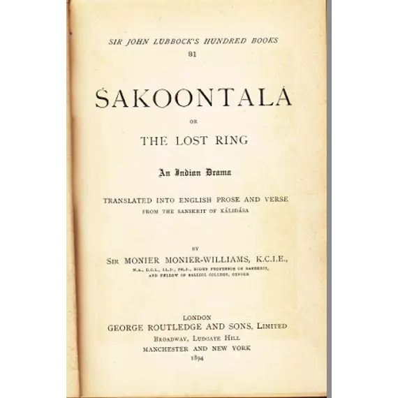 Sakoontala Or The Lost Ring An Indian Drama