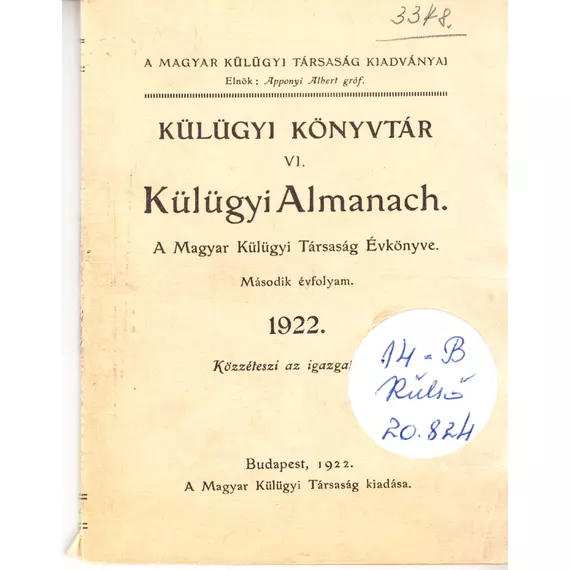 Külügyi almanach - A Magyar Külügyi Társaság Évkönyve 1922